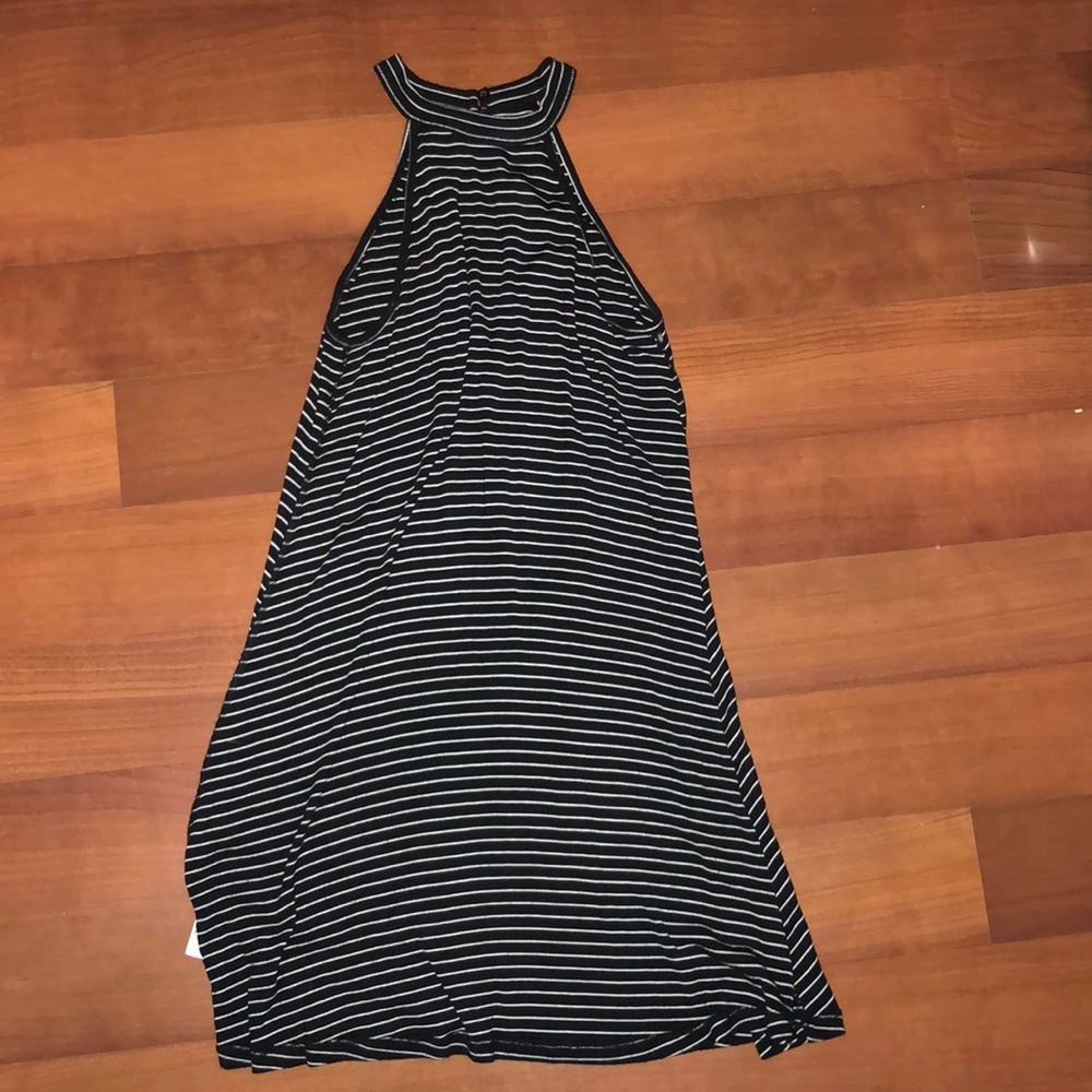 Black and white stripe halter top dress